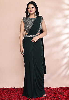 Pre-stitched Lycra Saree in Dark Green