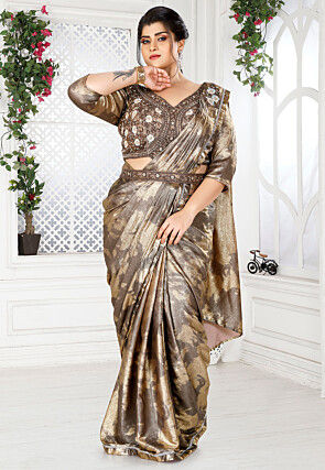 Pre-Stitched Lycra (Elastane) Shimmer Saree in Brown and Golden