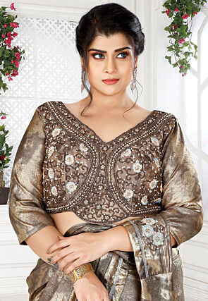 Pre-Stitched Lycra (Elastane) Shimmer Saree in Brown and Golden