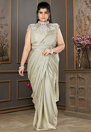 Pre-Stitched Lycra (Elastane) Shimmer Saree in Dusty Green