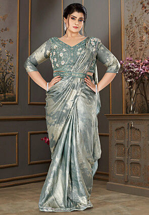 Pre-Stitched Lycra (Elastane) Shimmer Saree in Grey and Light Golden
