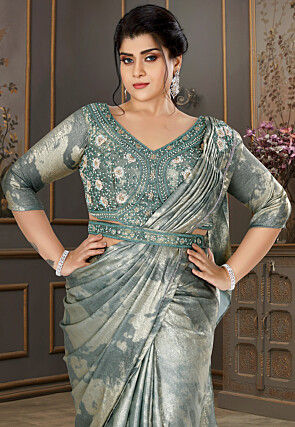 Pre-Stitched Lycra (Elastane) Shimmer Saree in Grey and Light Golden
