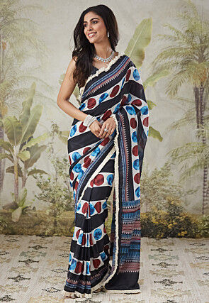 Pre-stitched Muslin Silk Saree in Black and Multicolor