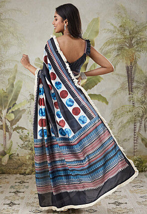 Pre-stitched Muslin Silk Saree in Black and Multicolor