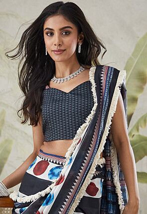 Pre-stitched Muslin Silk Saree in Black and Multicolor