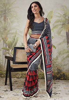 Pre-stitched Muslin Silk Saree in Black