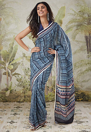 Pre-stitched Muslin Silk Saree in Blue