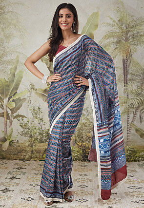 Pre-stitched Muslin Silk Saree in Blue