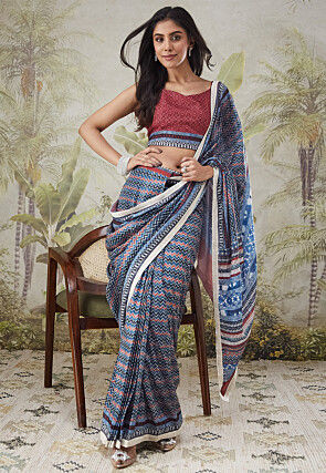 Pre-stitched Muslin Silk Saree in Blue