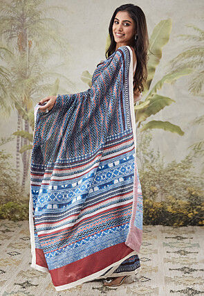 Pre-stitched Muslin Silk Saree in Blue