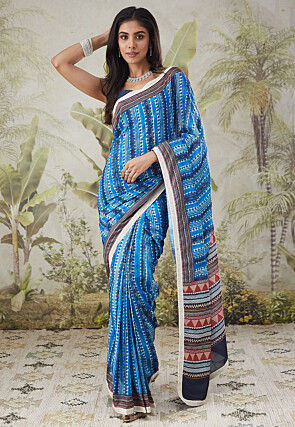 Pre-stitched Muslin Silk Saree in Blue