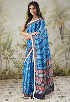 Pre-stitched Muslin Silk Saree in Blue
