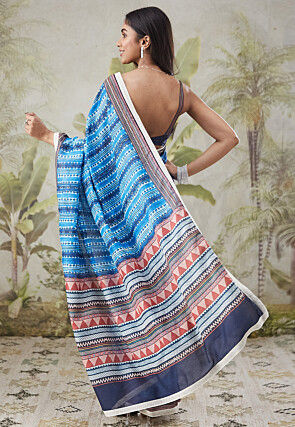 Pre-stitched Muslin Silk Saree in Blue