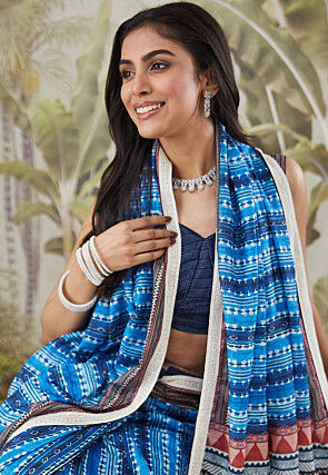 Pre-stitched Muslin Silk Saree in Blue