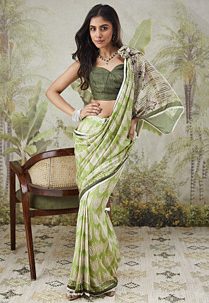 Pre-stitched Muslin Silk Saree in Light Green