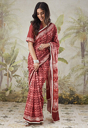 Pre-stitched Muslin Silk Saree in Maroon