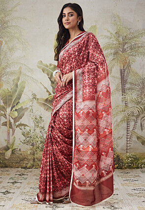 Pre-stitched Muslin Silk Saree in Maroon