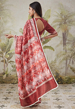 Pre-stitched Muslin Silk Saree in Maroon