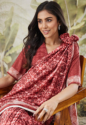 Pre-stitched Muslin Silk Saree in Maroon