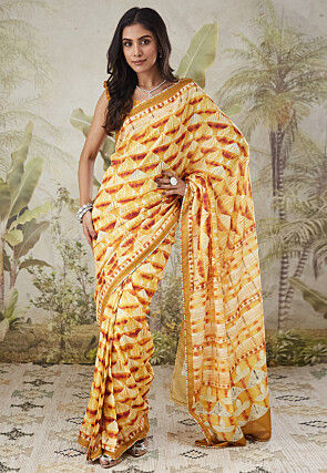 Pre-stitched Muslin Silk Saree in Yellow