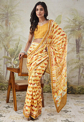 Pre-stitched Muslin Silk Saree in Yellow