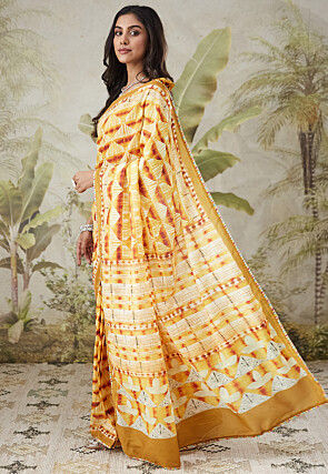 Pre-stitched Muslin Silk Saree in Yellow