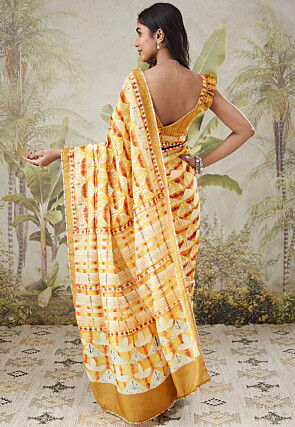 Pre-stitched Muslin Silk Saree in Yellow