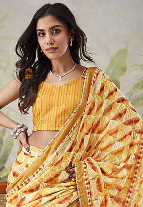 Pre-stitched Muslin Silk Saree in Yellow