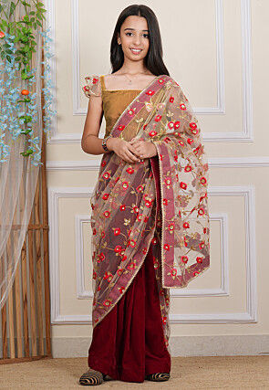Pre-stitched Net Saree in Beige and Maroon