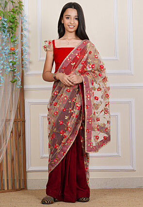 Pre-stitched Net Saree in Beige and Maroon