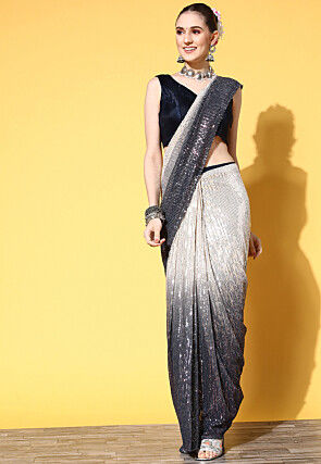 Pre-Stitched Net Saree in Beige and Navy Blue