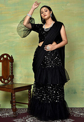 Pre-Stitched Net Saree in Black