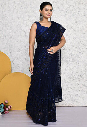 Pre-stitched Net Saree in Navy Blue