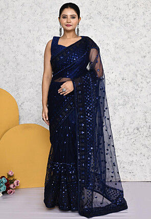 Pre-stitched Net Saree in Navy Blue