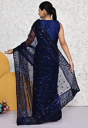 Pre-stitched Net Saree in Navy Blue