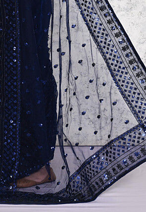 Pre-stitched Net Saree in Navy Blue