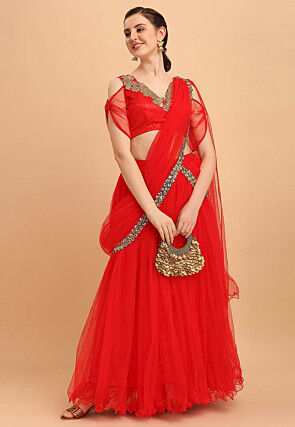 Pre-Stitched Net Saree in Red