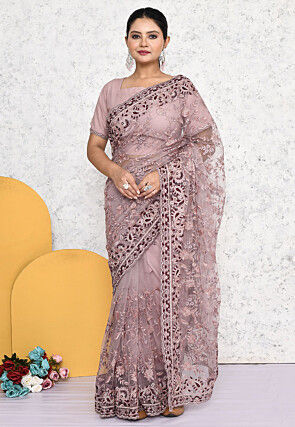 Pre-stitched Net Scalloped Saree in Purple