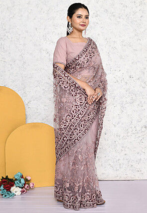 Pre-stitched Net Scalloped Saree in Purple