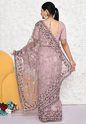 Pre-stitched Net Scalloped Saree in Purple