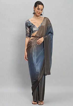 Pre-stitched Ombre Satin Saree in Shaded Blue and Grey