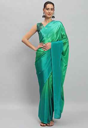 Pre-stitched Ombre Satin Saree in Shaded Green