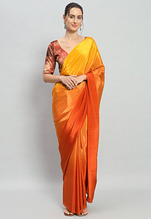 Pre-stitched Ombre Satin Saree in Shaded Orange and Yellow