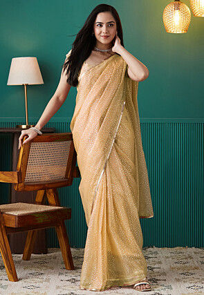 Pre-stitched Organza Saree in Beige