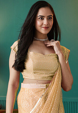 Pre-stitched Organza Saree in Beige