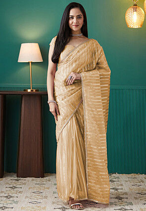 Pre-stitched Organza Saree in Beige