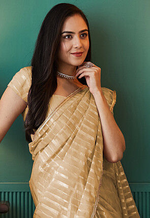 Pre-stitched Organza Saree in Beige