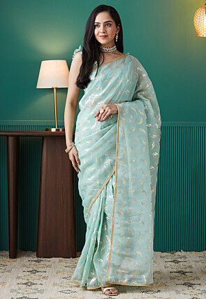 Pre-stitched Organza Saree in Light Blue