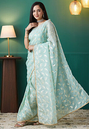 Pre-stitched Organza Saree in Light Blue