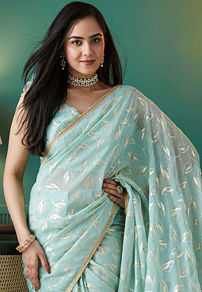 Pre-stitched Organza Saree in Light Blue